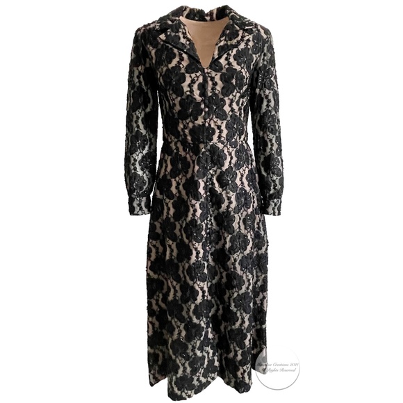 60s Opera Coat Illusion Lace Black Embellished Beaded Vintage Long Rare Formal - Picture 13 of 13